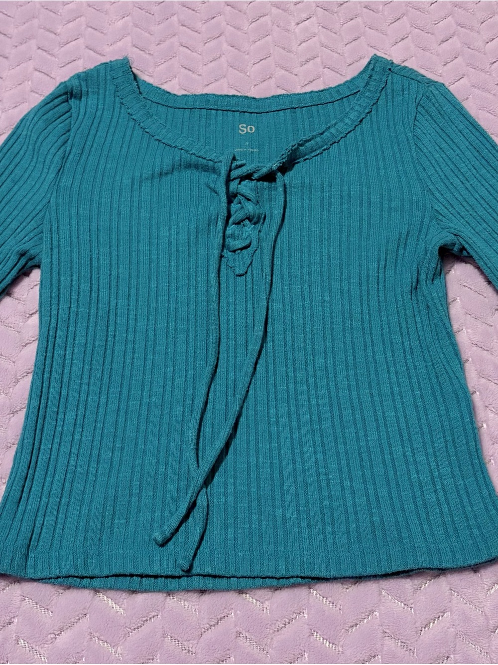 So Teal Ribbed Tie-Front Longsleeve Top